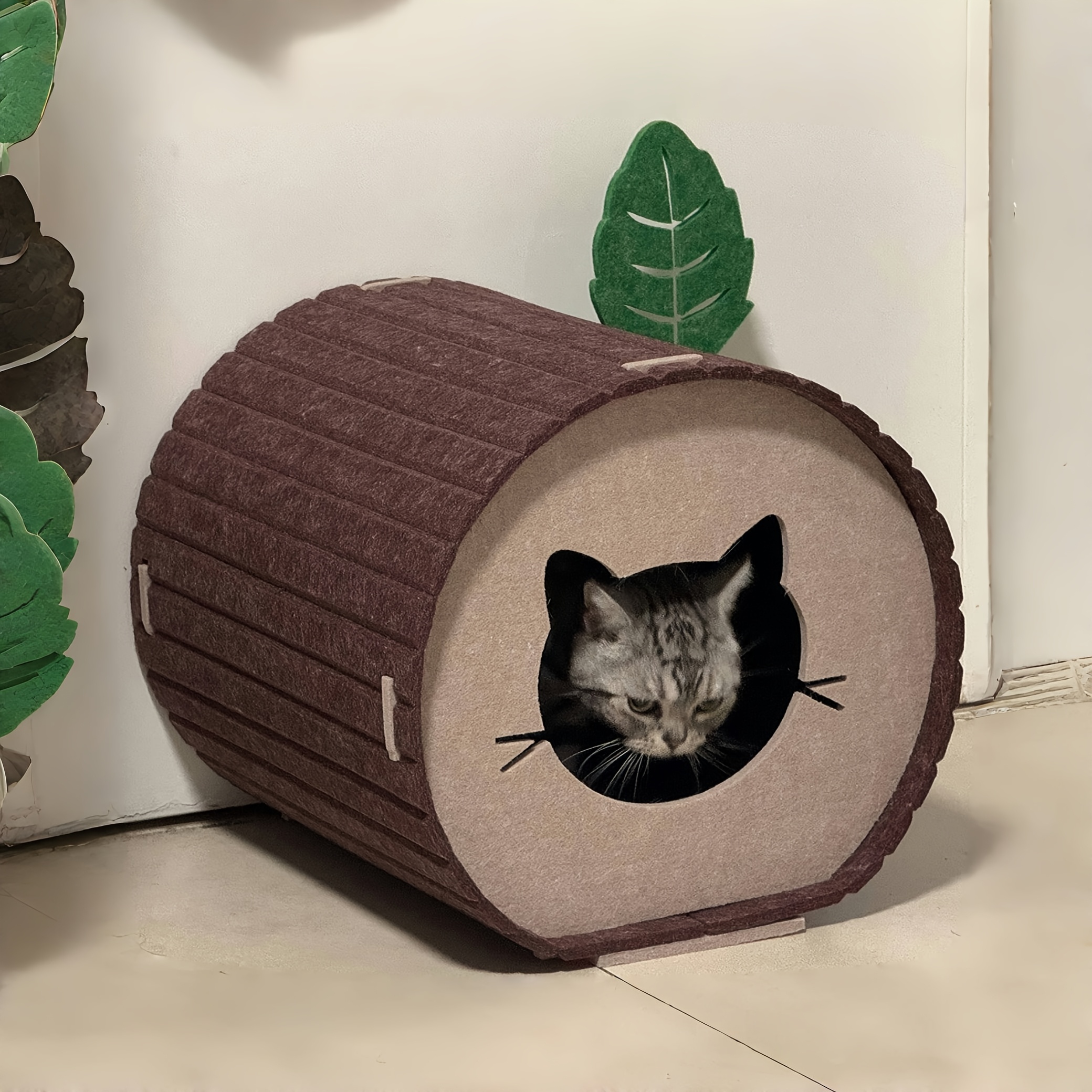 Foldable Felt Tree Stump Cat Cave with Leaf Decoration