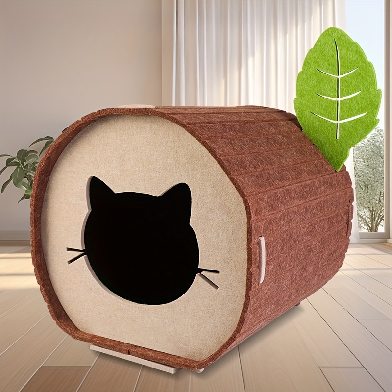 Foldable Felt Tree Stump Cat Cave with Leaf Decoration