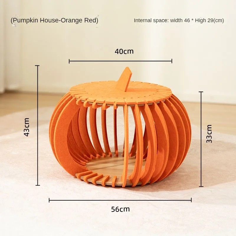 Pumpkin Shaped Felt Cat Cave Bed with Wooden Base