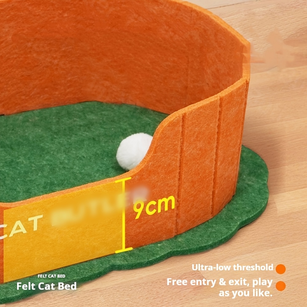 Oval Felt Cat Bed with Bell Ball Toy and Low Entry