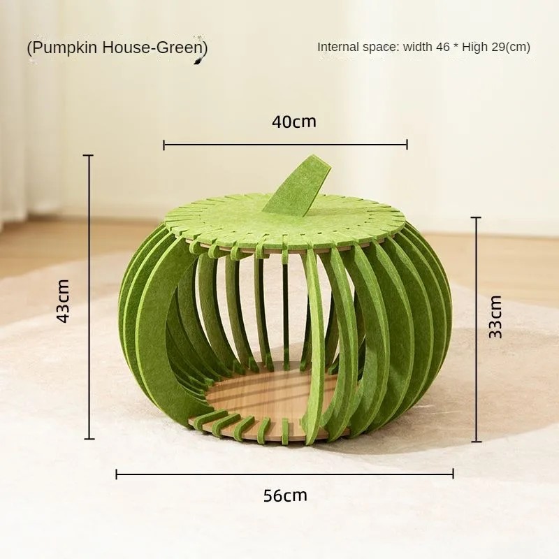Pumpkin Shaped Felt Cat Cave Bed with Wooden Base