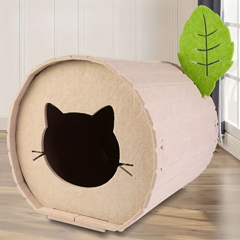 Foldable Felt Tree Stump Cat Cave with Leaf Decoration