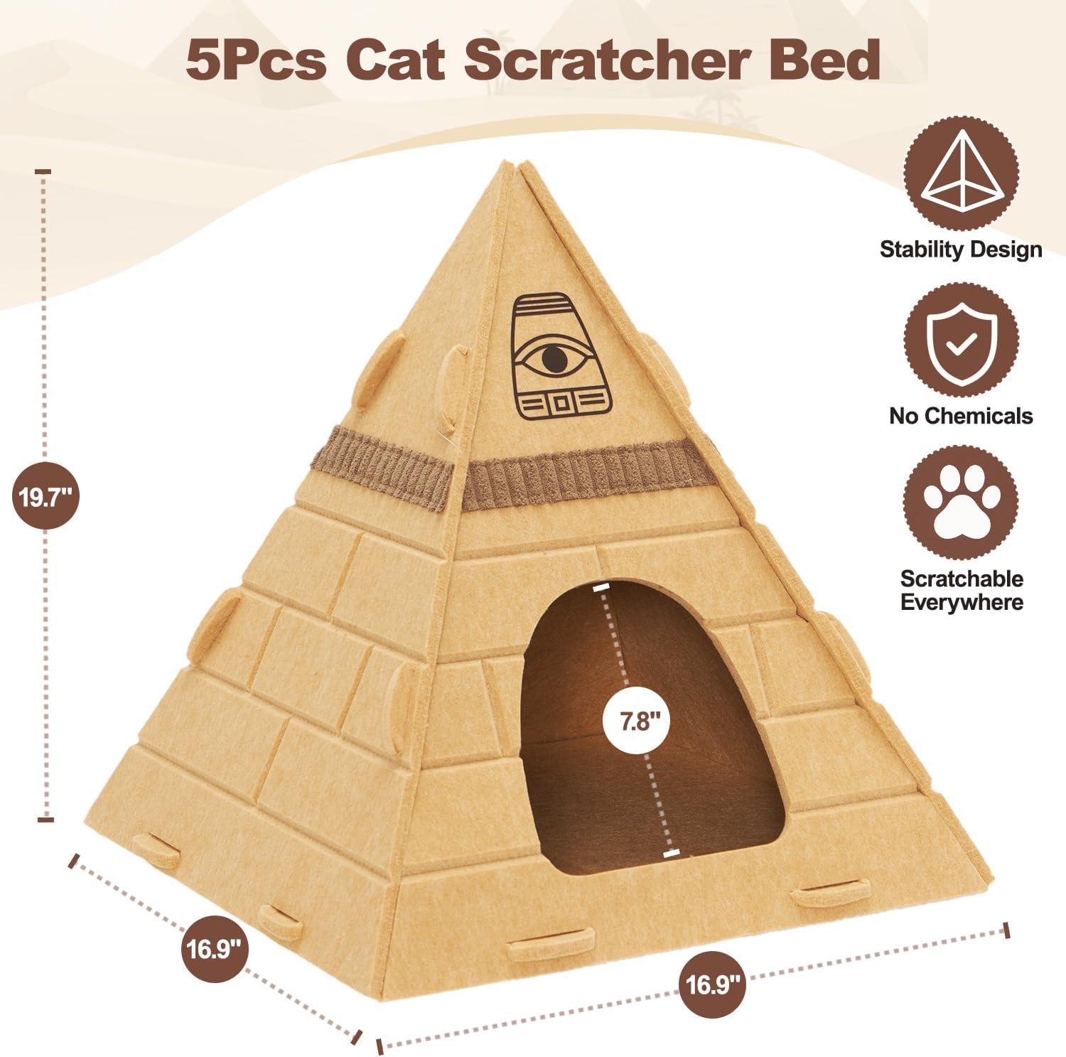 2-in-1 Sustainable Cat House Strong Scratch-Resistant Pharaoh Headdress 17x17x20 Pyramid-Enclosed Hideaway Bed Scratcher Button