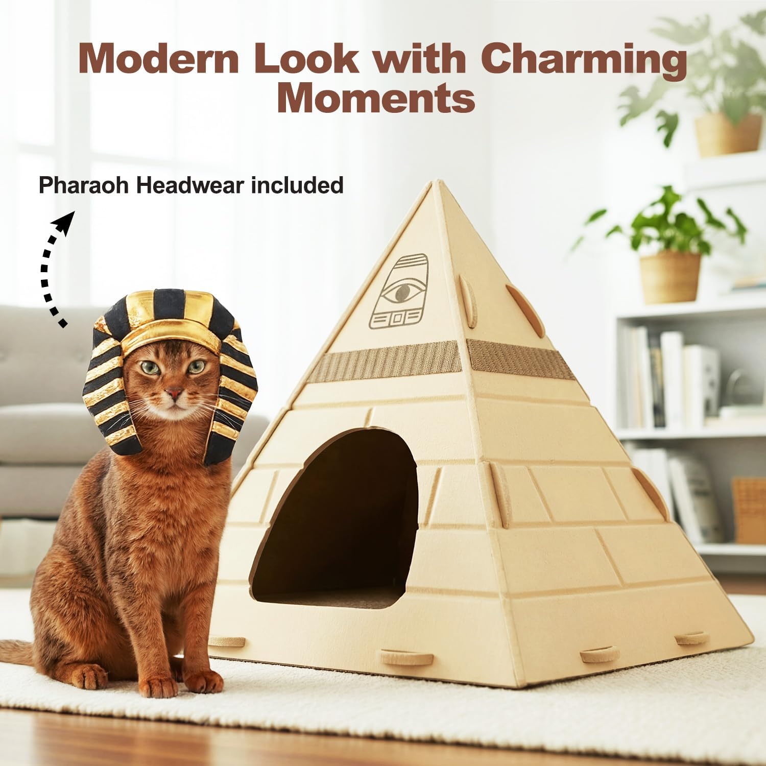 2-in-1 Sustainable Cat House Strong Scratch-Resistant Pharaoh Headdress 17x17x20 Pyramid-Enclosed Hideaway Bed Scratcher Button