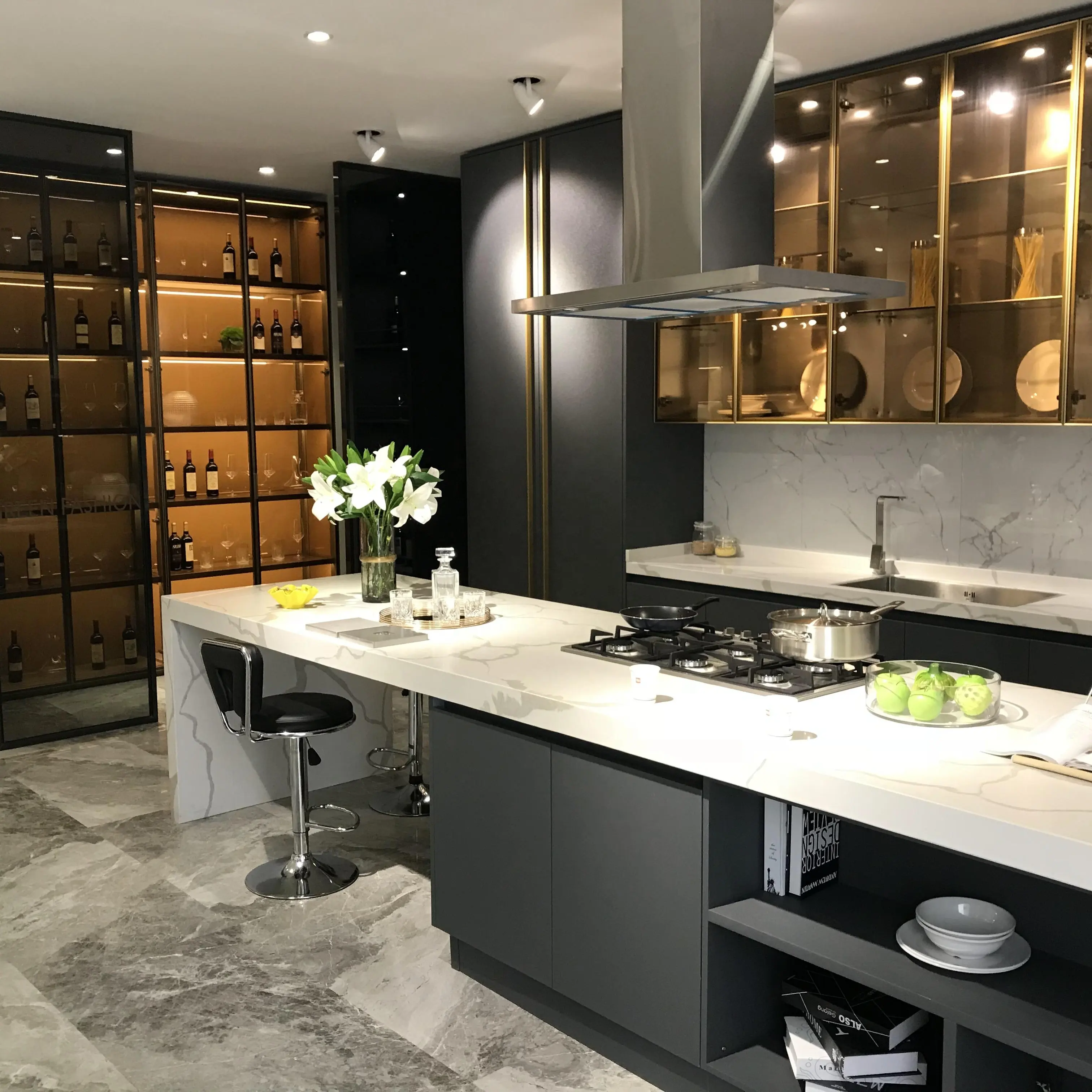 China Luxury Villa Stainless Steel home kitchen metal kitchen cabinets