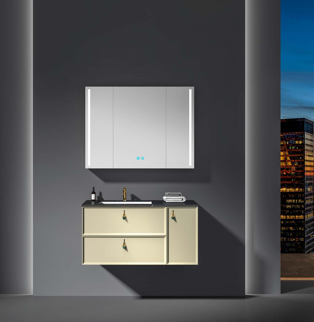 Modern Metal Bathroom Wall Vanity Cabinets with Mirror Light Sink