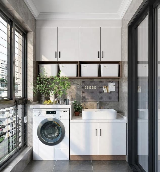 Balcony Cabinet with White Wash Balcony Custom Cabinet Washing Machine Laundry Vanity with Outdoor Balcony Cabinet