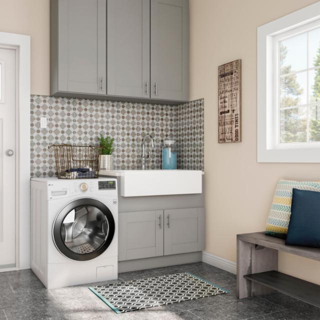 Laundry Room Organizer Cabinets Sink Cabinet with Washing Machine and LED Mirror Modern Minimalist Laundry Cabinets