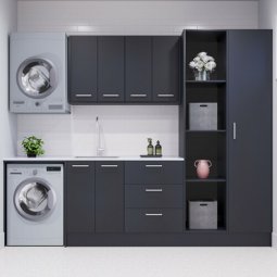 Laundry Room Organizer Cabinets Sink Cabinet with Washing Machine and LED Mirror Modern Minimalist Laundry Cabinets