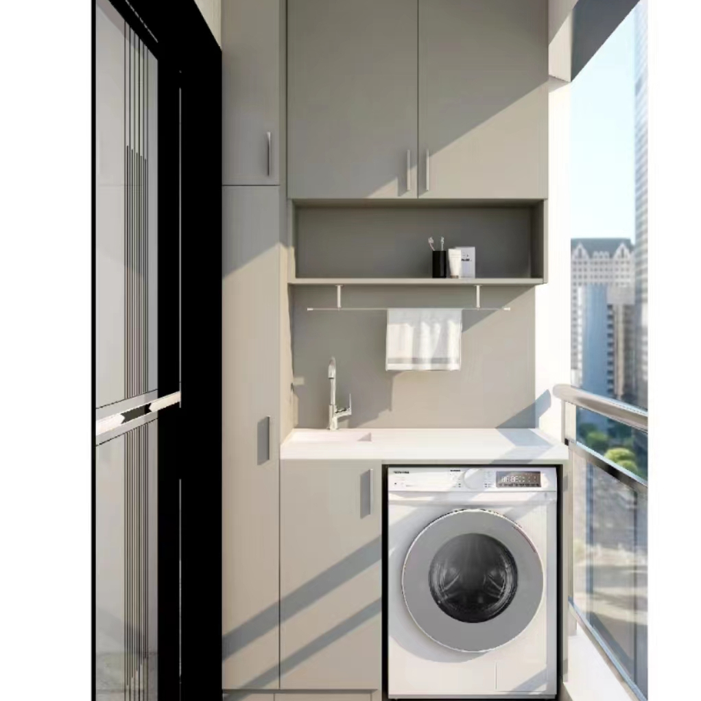 Balcony Stainless Steel Laundry Sink Cabinet with Washing Machine Modern Balcony Cabinet in Balcony Storage Cabinet