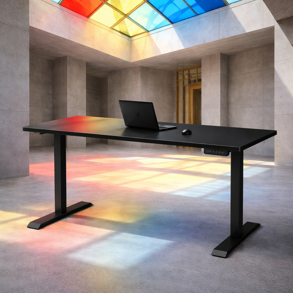 ZY-02 Electric Standing Desk for Gallery Showroom Workspace with Geometric Hanging Decor
