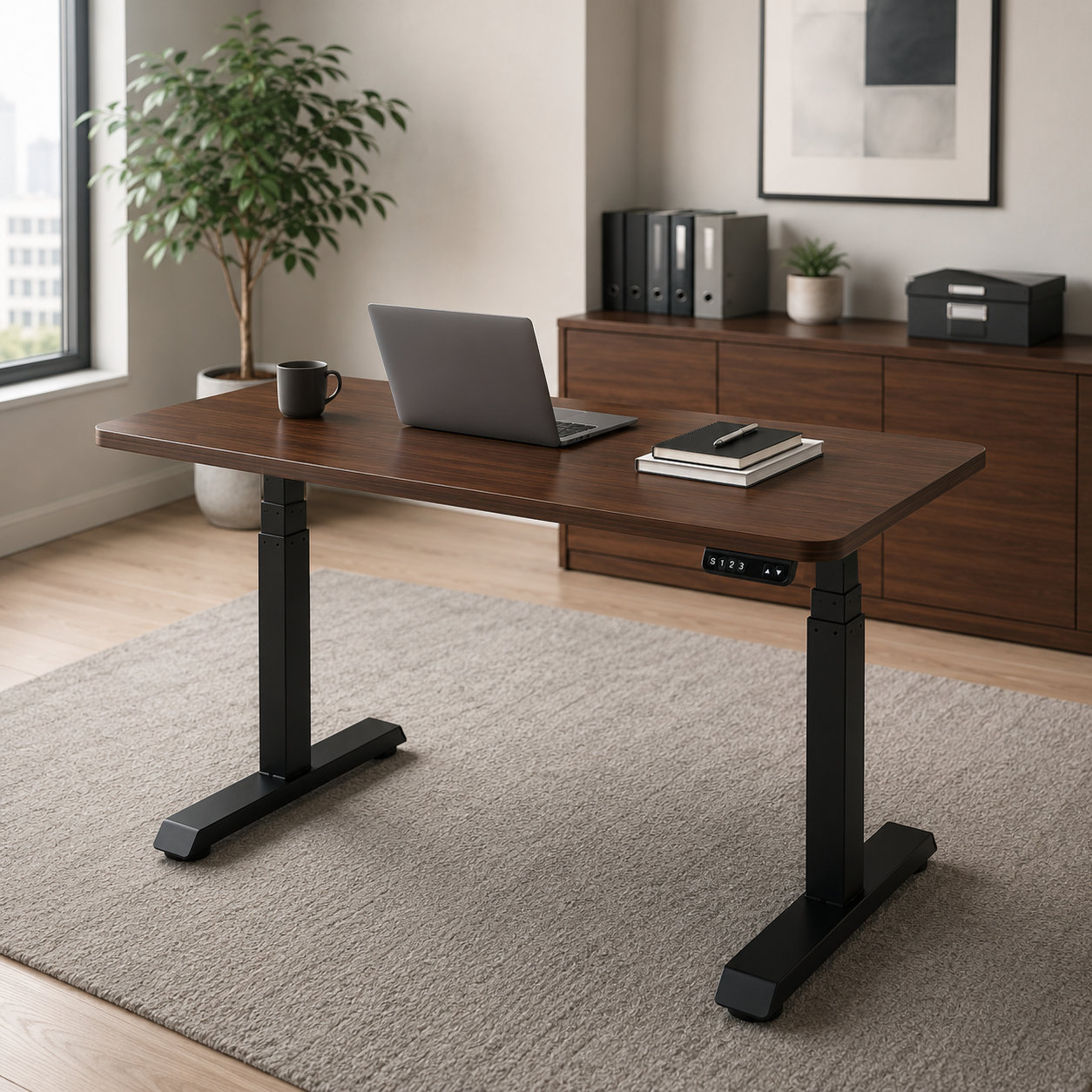 ZY-03 3-Stage Dual Motor Home Office Table with Walnut Desktop, Quiet Sit-Stand Lift, Apartment Workspace
