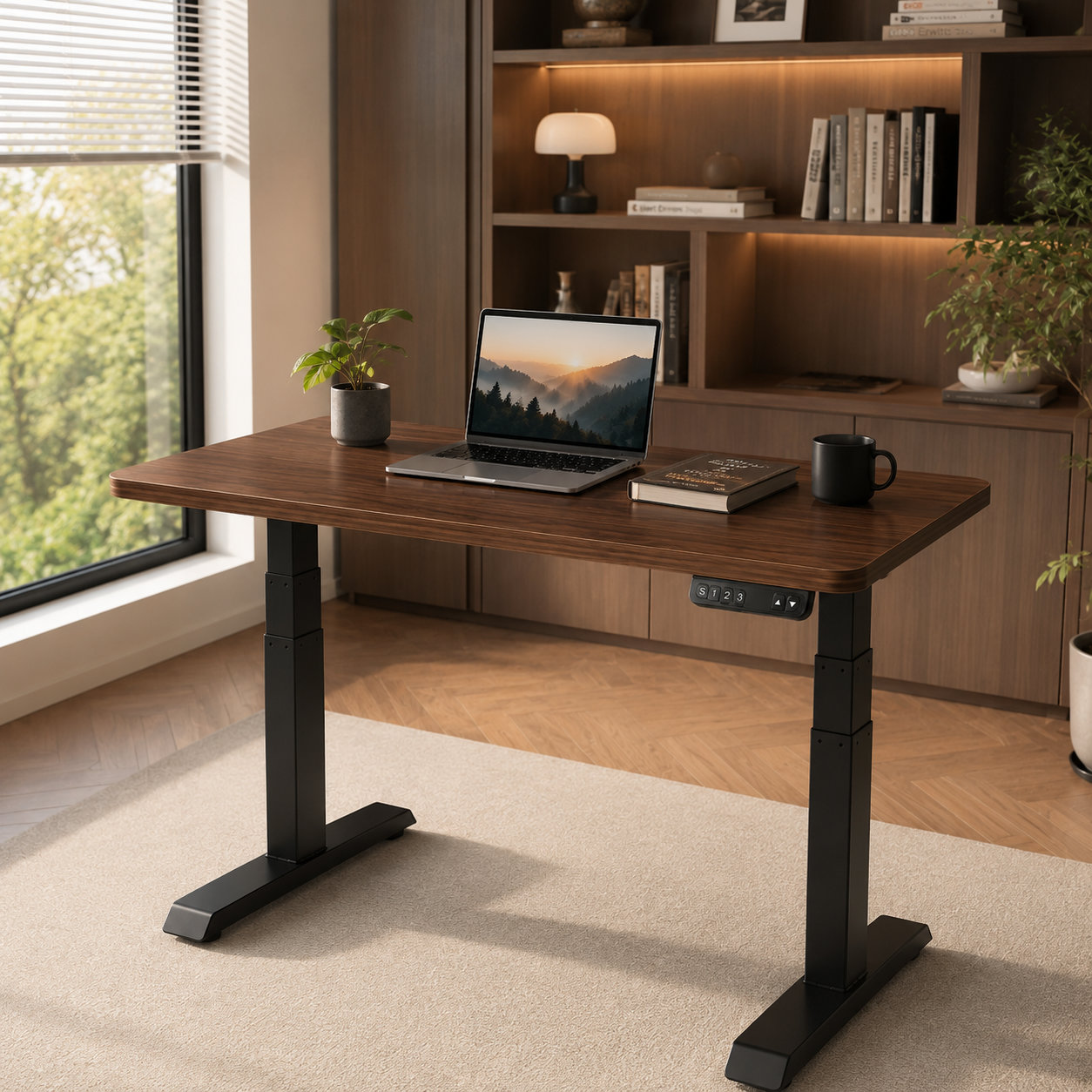 ZY-03 3-Stage Dual Motor Compact Standing Desk with Black Desktop, Space-Saving Ergonomics, Focus Home Office Workstation