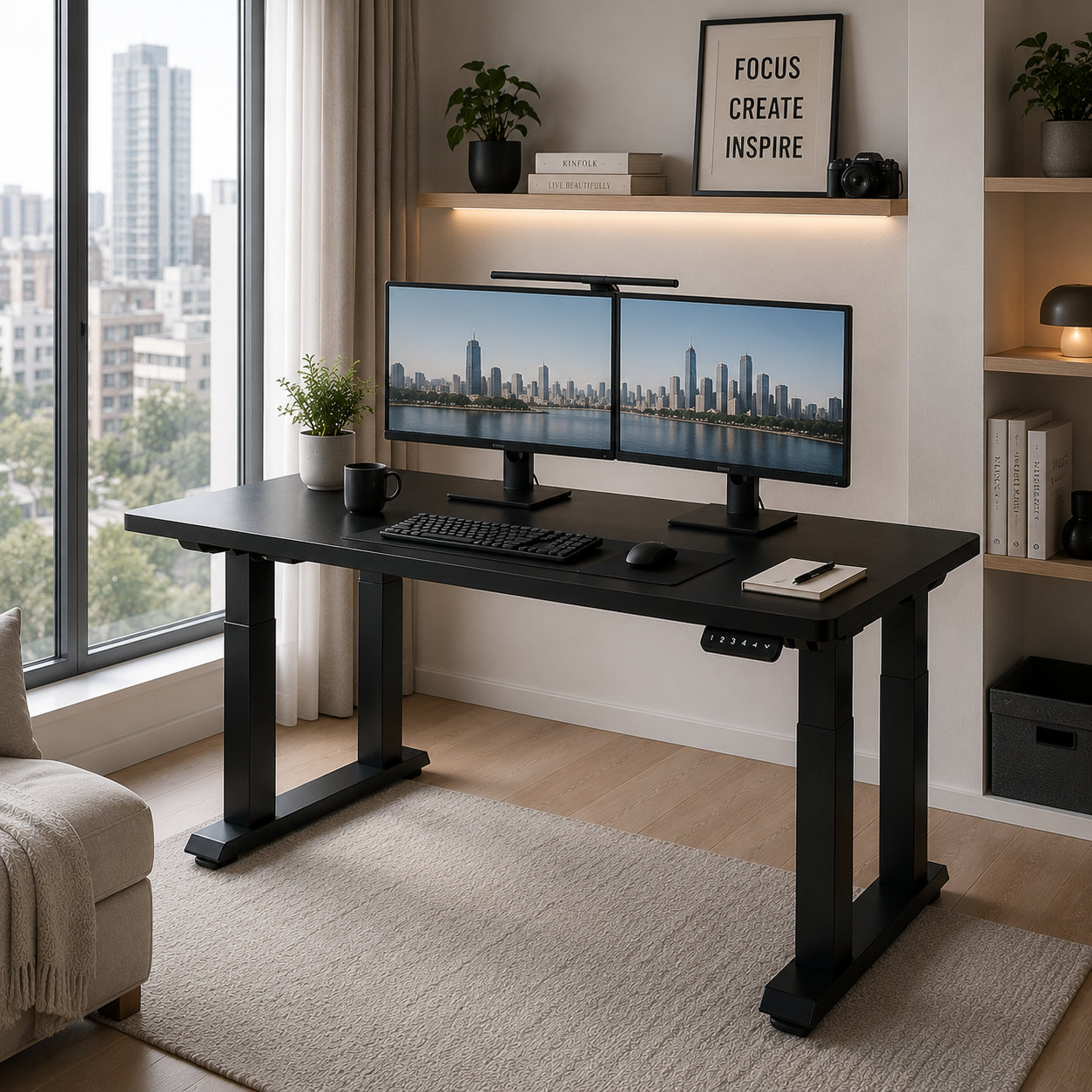 FY-03 Four Post Dual Motor Standing Desk with Dual Monitor Support for Urban Home Office Setups