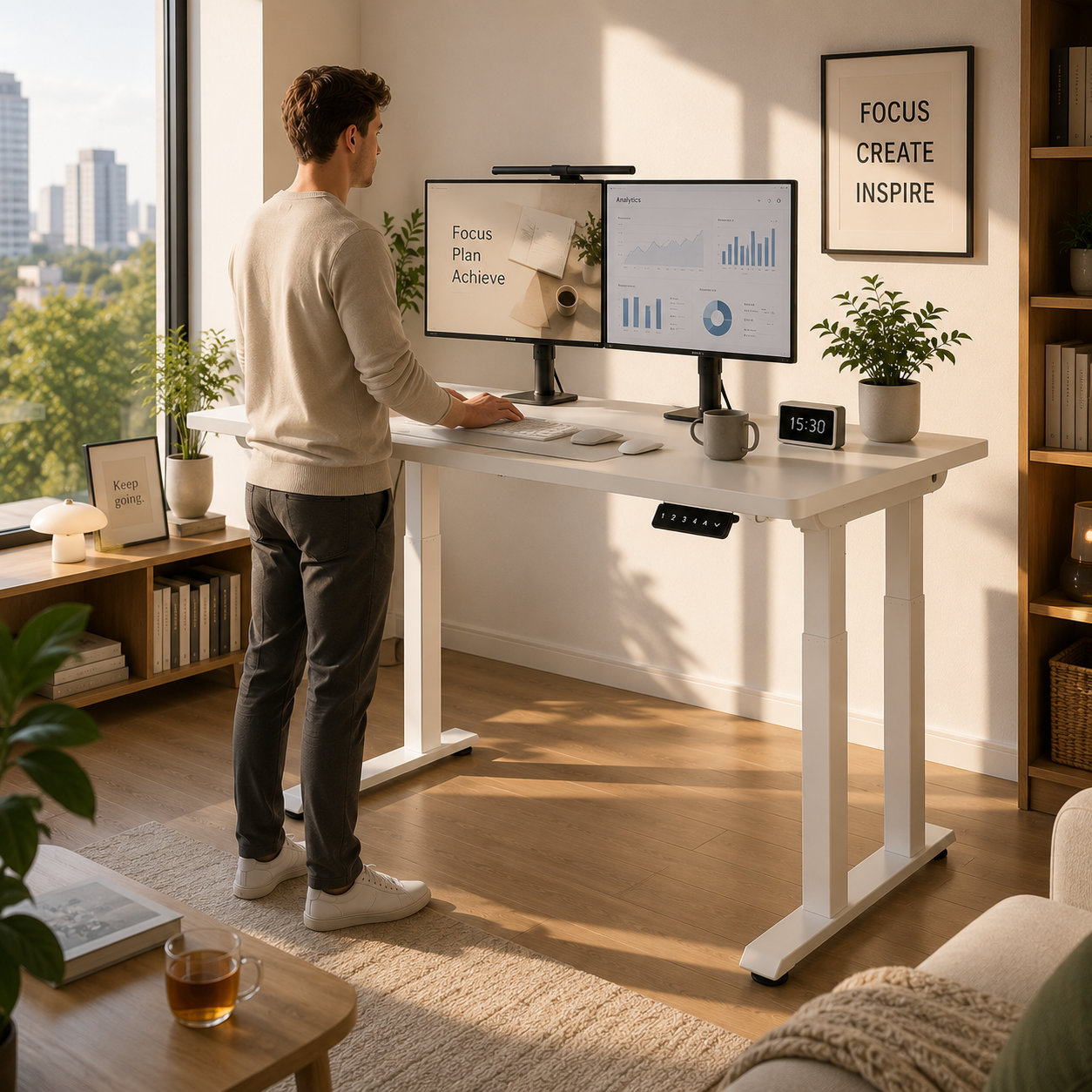 FY-03 Dual Motor Four Leg Height Adjustable Workstation with Wide Desktop Support for Creative Studios