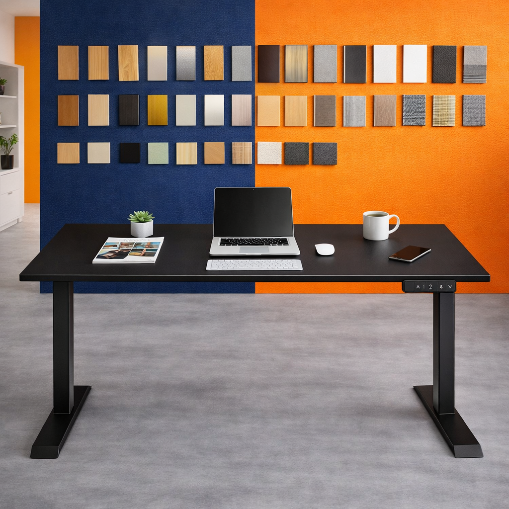 ZY-02 Electric Standing Desk with Blue Wall and Orange Circle Background