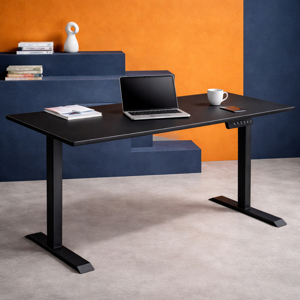 ZY-02 Electric Standing Desk with Pink Blue Graphic Wall Workspace