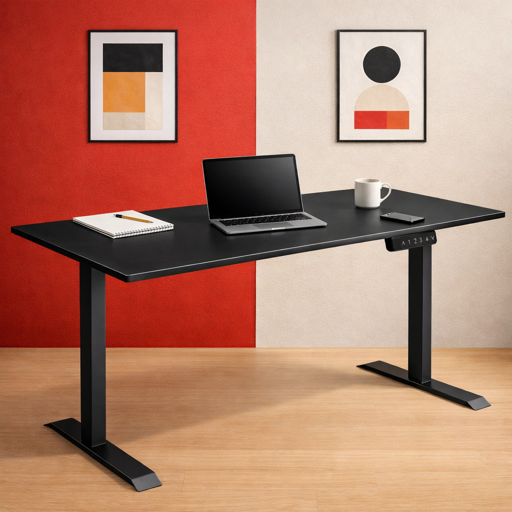 ZY-02 Electric Standing Desk with Yellow Blue Office Cabinet Background