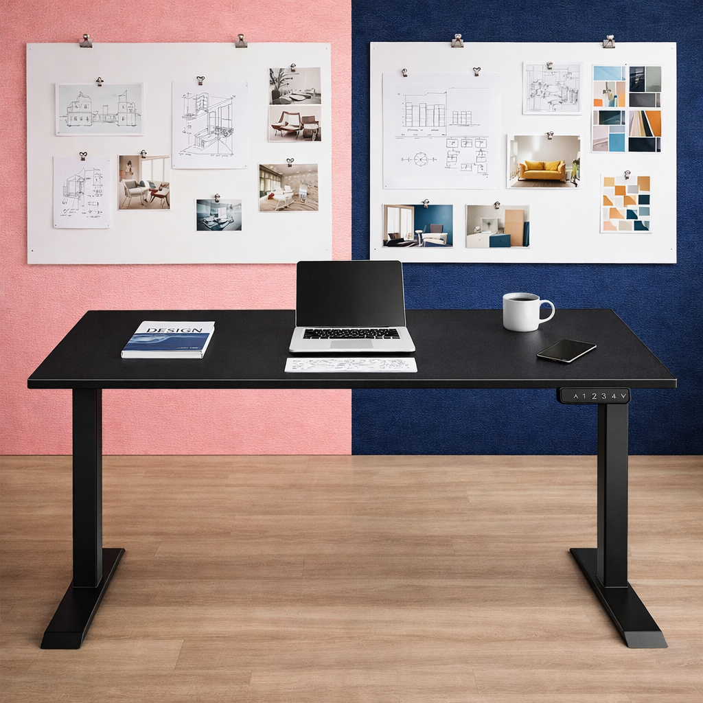ZY-02 Electric Standing Desk with Purple and Green Geometric Wall Workspace