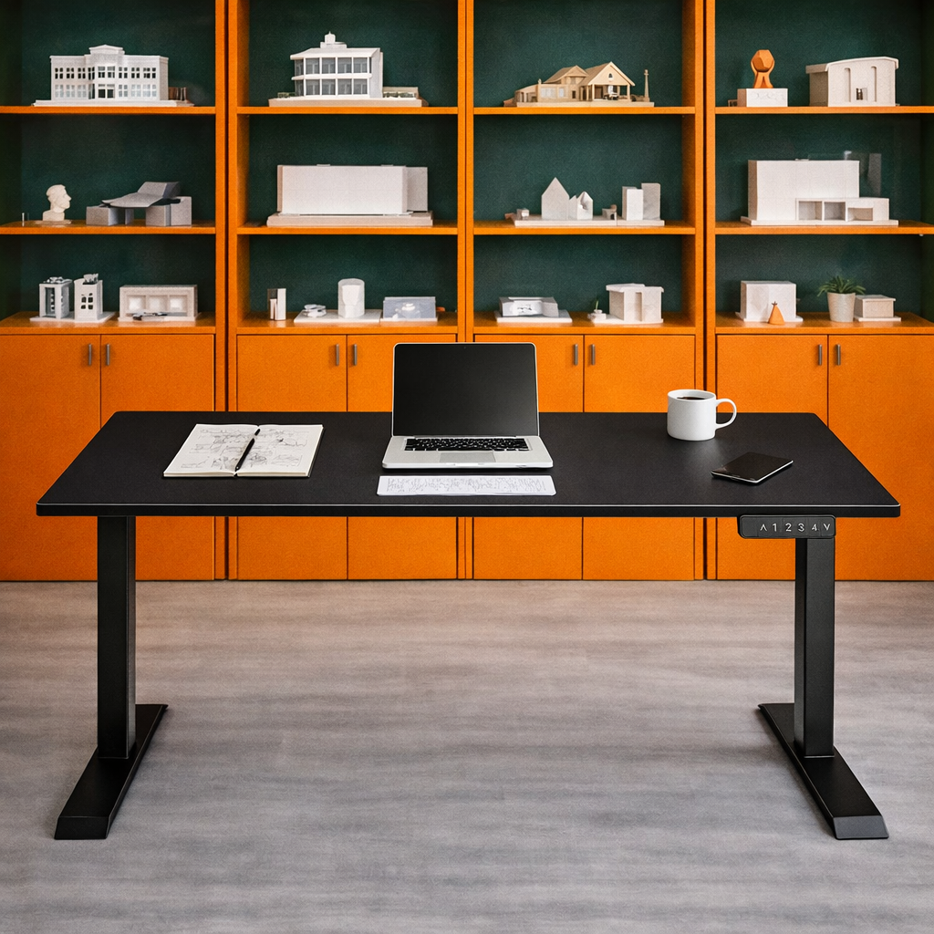 ZY-02 Electric Standing Desk with Red and Beige Minimal Wall Workspace