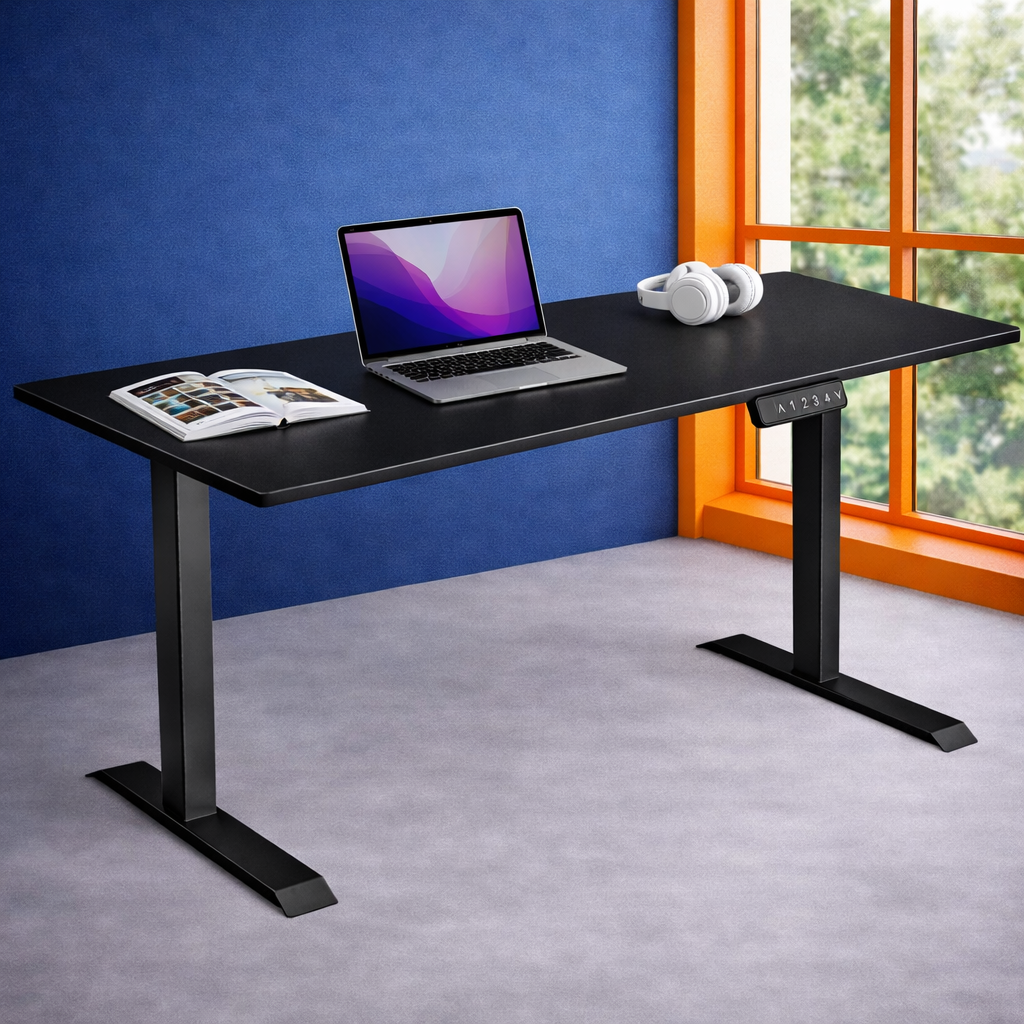 ZY-02 Electric Standing Desk with Blue Orange Office Shelf Background
