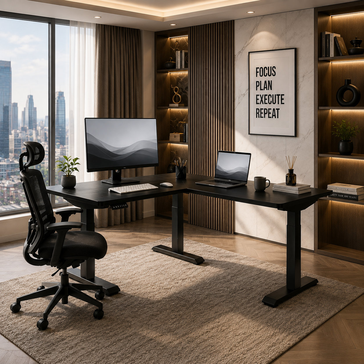 L-Shaped Single Motor Electric Height Adjustable Workstation with Assortment Scalability for Large Retail Distributors