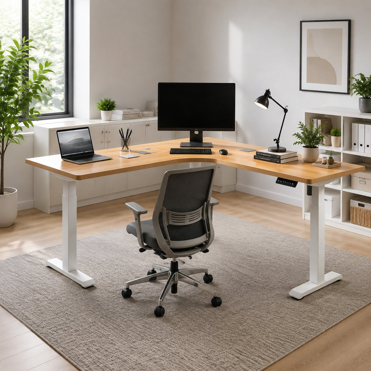 L-Shaped Single Motor Standing Desk Base with Expandable Main Beam for Retail Chain Furniture Programs