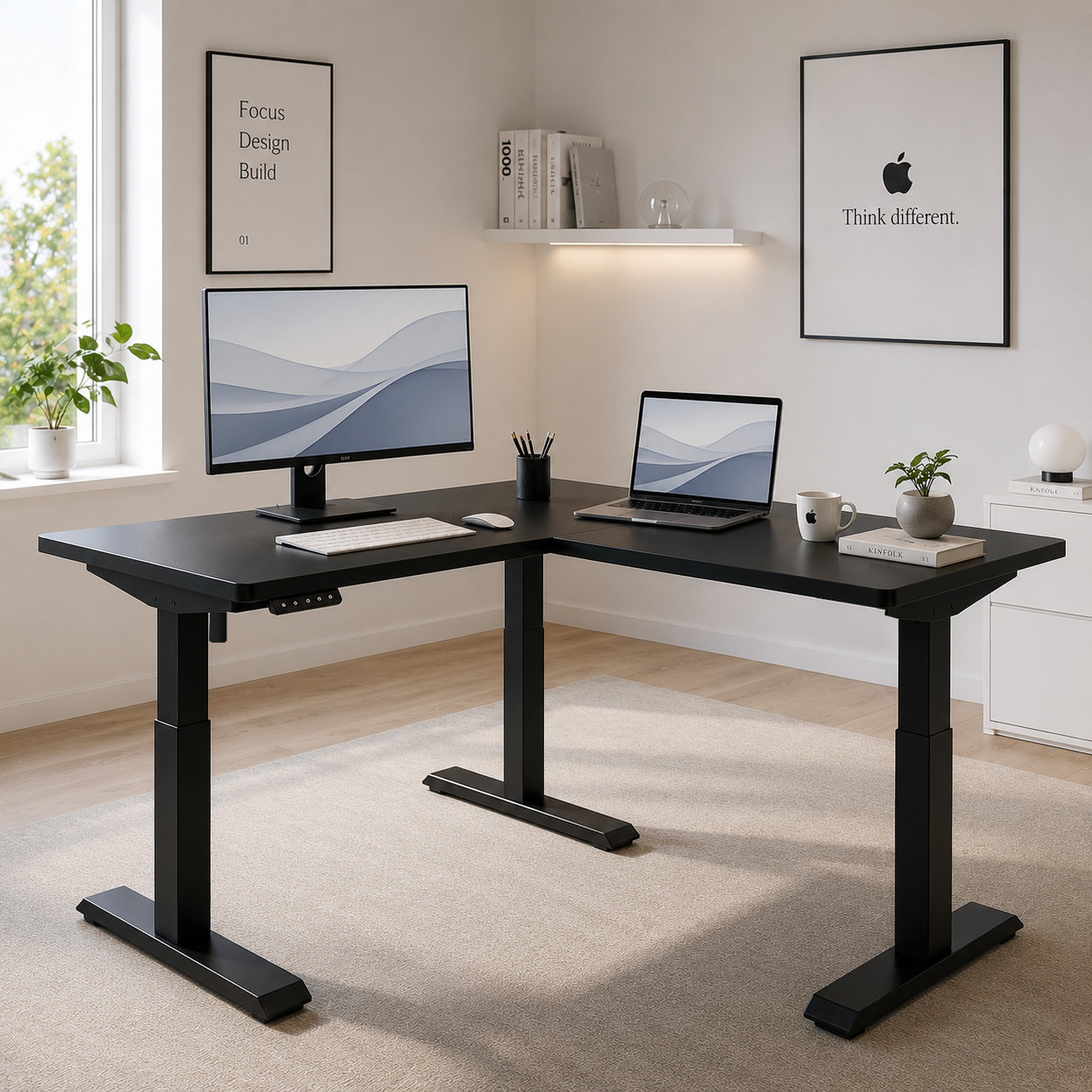 L-Shaped Single Motor Adjustable Standing Workstation with Three-Leg Support for Contract Office Fit-Outs