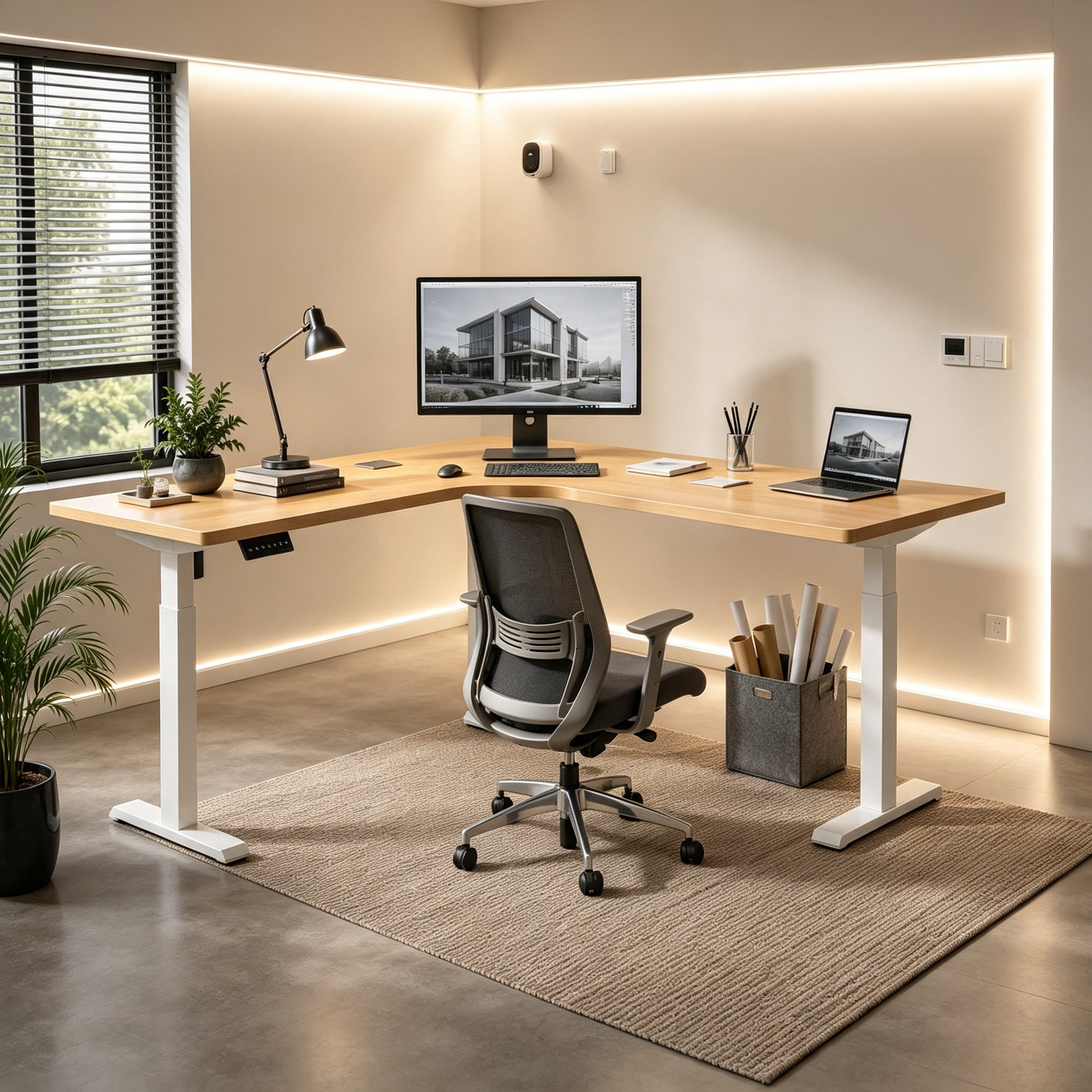 L-Shaped Single Motor Sit-Stand Corner Desk with Space-Efficient Layout for Corporate Office Projects