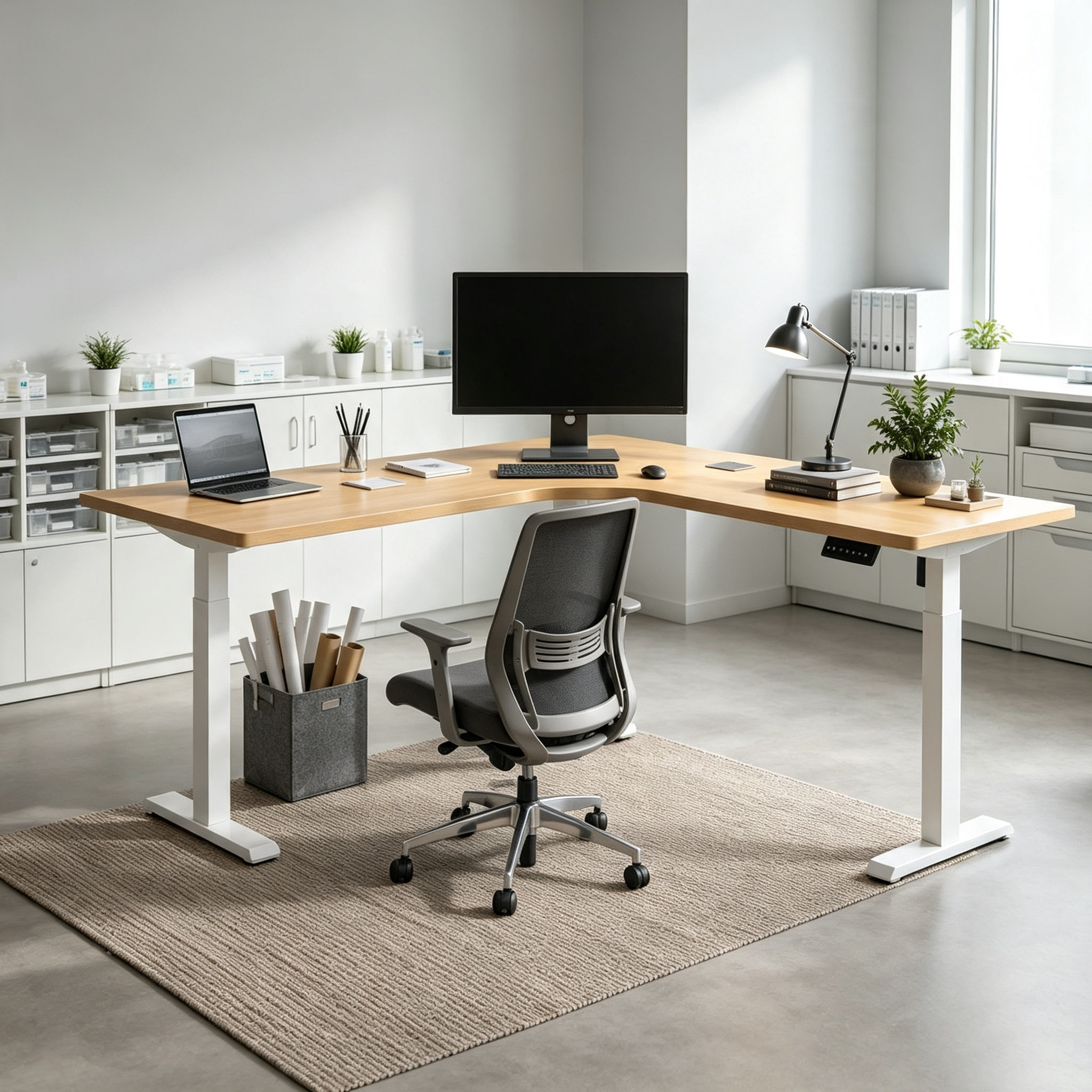 L-Shaped Electric Adjustable Workstation with Single Motor Lift for Supermarket and Commercial Office Sales