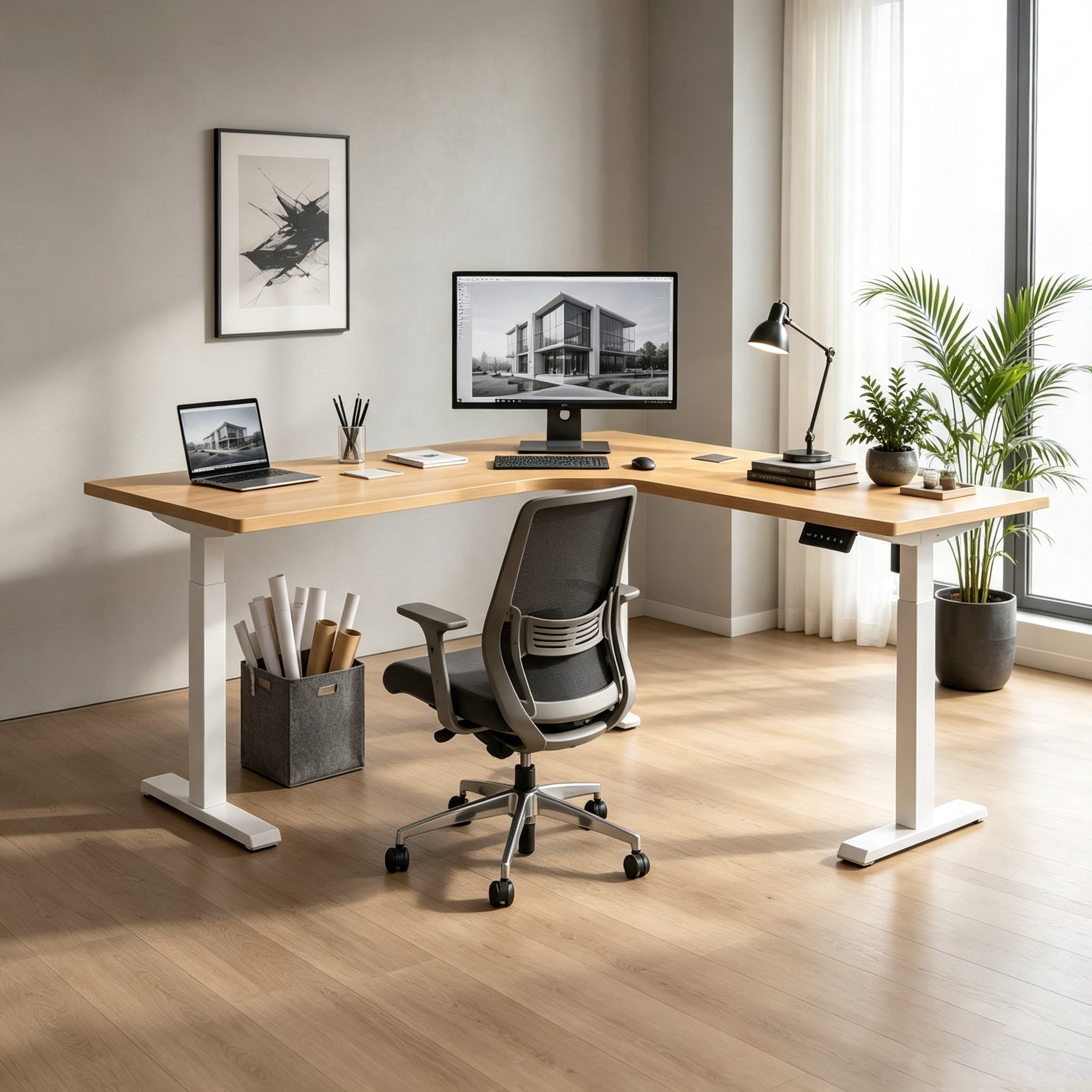 L-Shaped Single Motor Standing Desk Frame with Adjustable Return for Project Procurement and Dealers