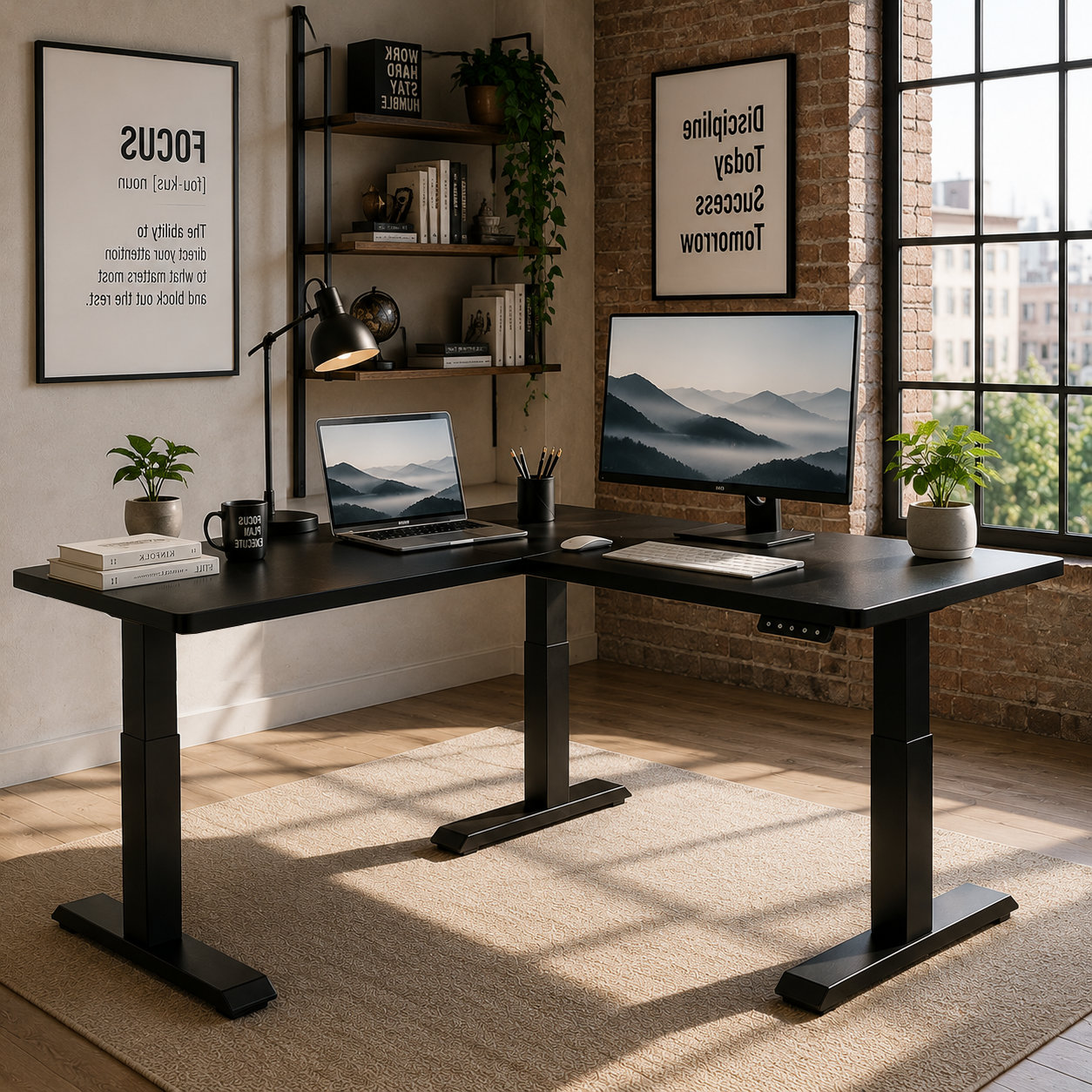 L-Shaped Electric Height Adjustable Corner Desk with Broad Desktop Fit for Contract Office Fit-Outs