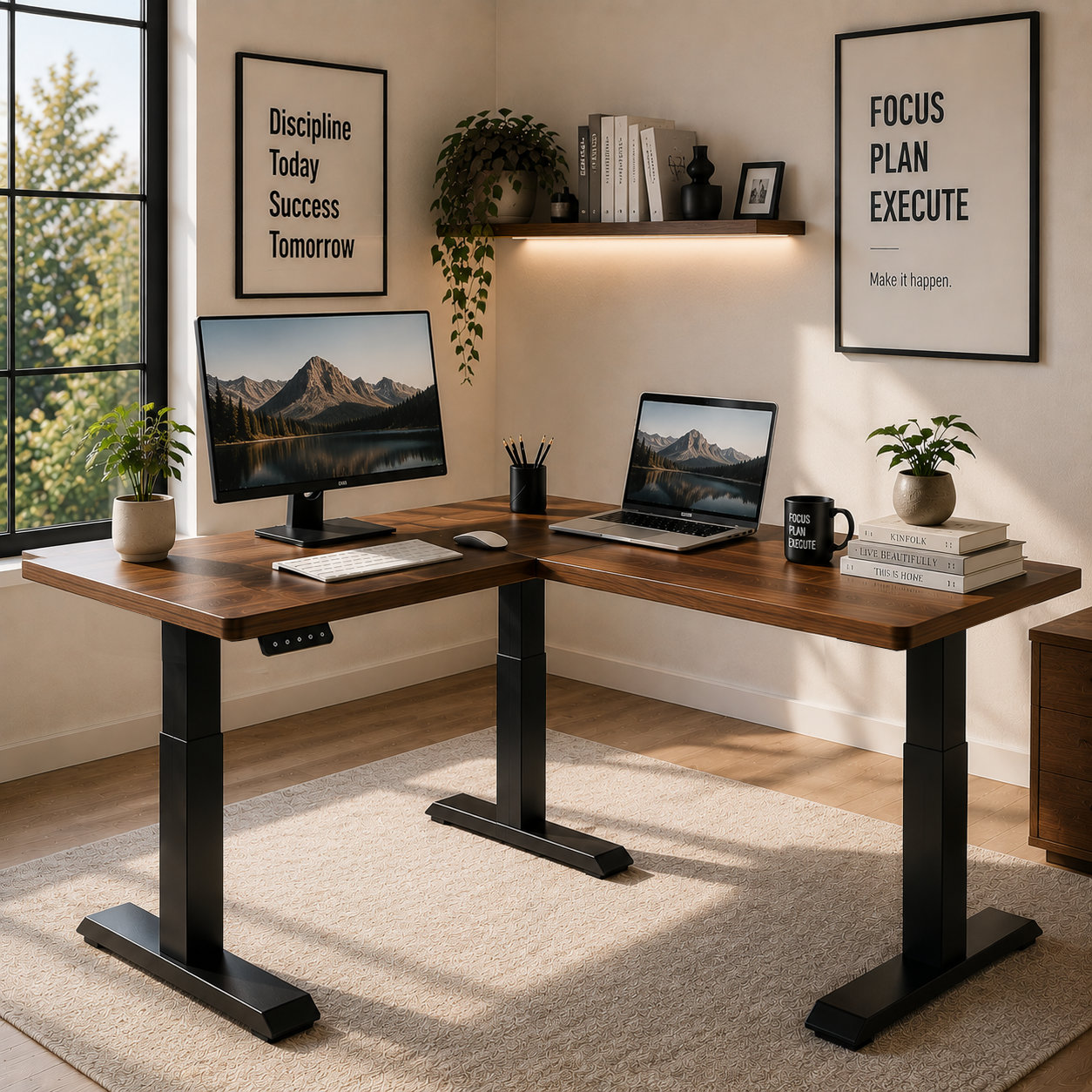 L-Shaped Single Motor Sit Stand Desk Base with Expandable Frame for Office Furniture Distributors