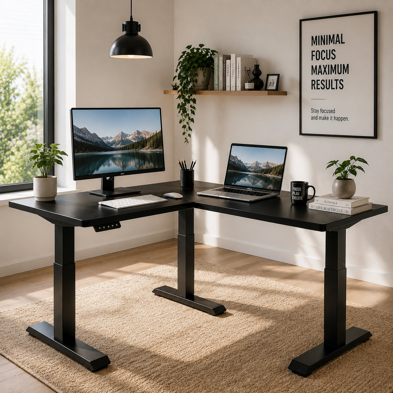 L-Shaped Electric Corner Standing Desk with Single Motor Lift and Space-Saving Design for Corporate Workstations