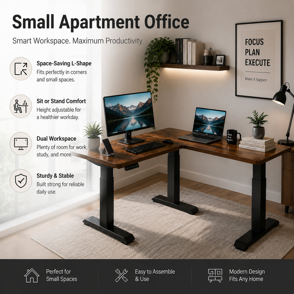 L-Shaped Single Motor Electric Sit-Stand Desk Base with Configurable Return Section for Contract Furniture Suppliers