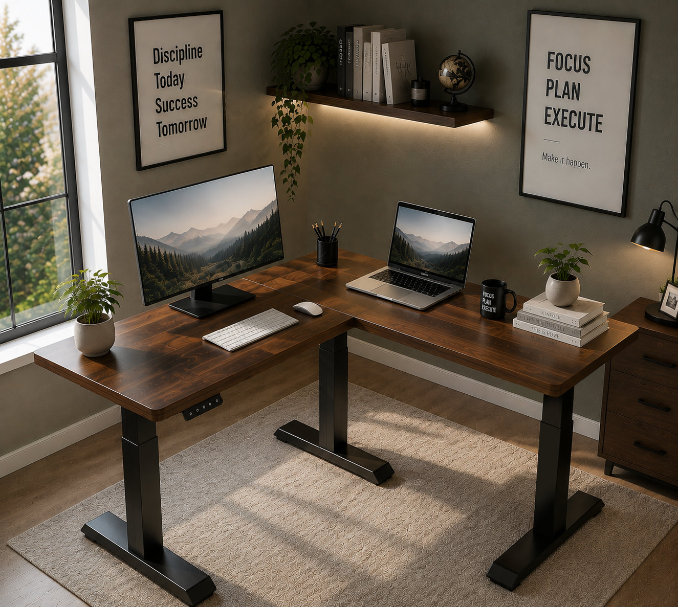 L-Shaped Single Motor Electric Standing Desk with Adjustable Frame Width for Corner Office Projects