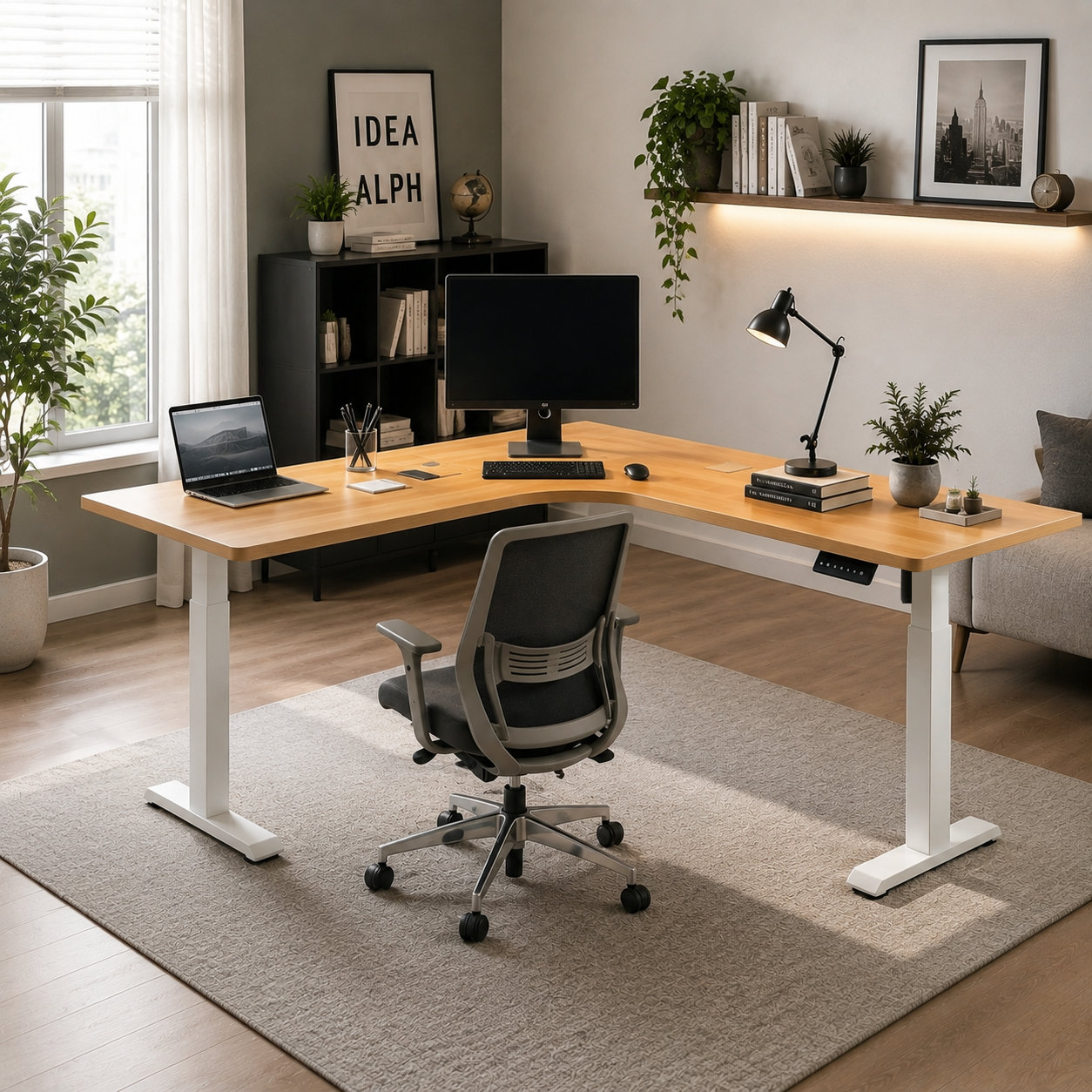 L-Shaped Single Motor Electric Standing Workstation with Space-Smart Corner Design for Co-Working Office Projects
