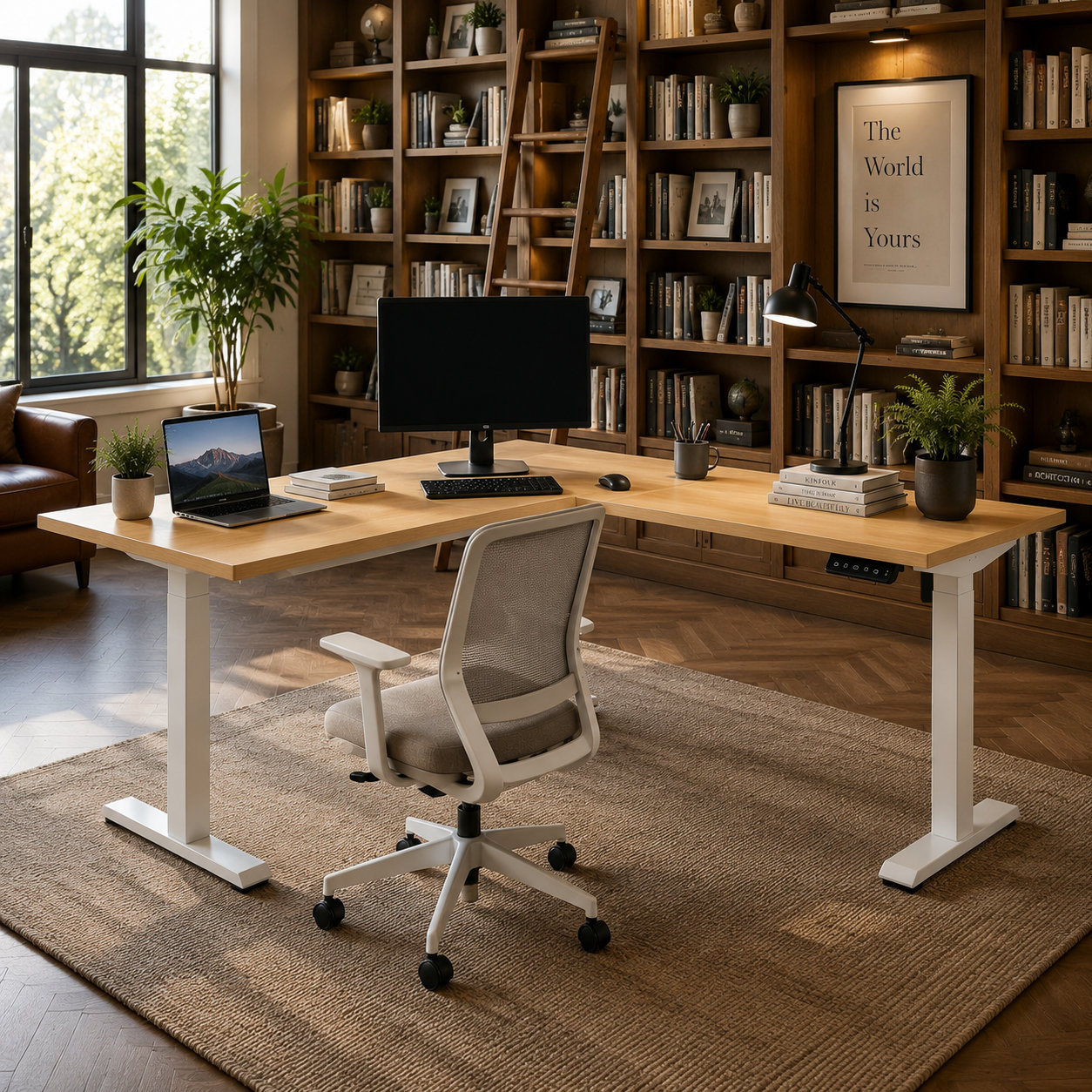 L-Shaped Single Motor Height Adjustable Standing Desk with Ergonomic Corner Layout for Executive Office Collections