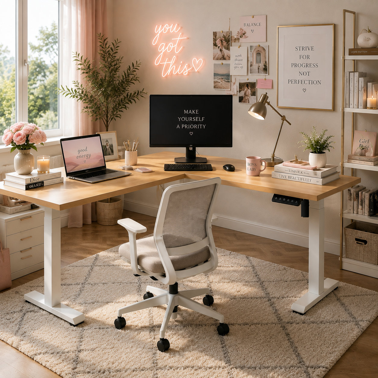 L-Shaped Single Motor Electric Corner Workstation with Inventory-Saving Size Range for Multi-Channel Dealers