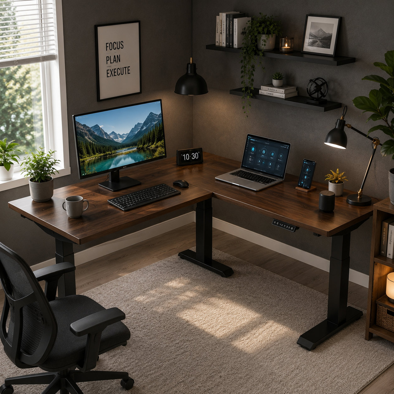 L-shaped Electric Sit-Stand Project Desk with Space-Efficient Corner Layout for Construction Management Offices