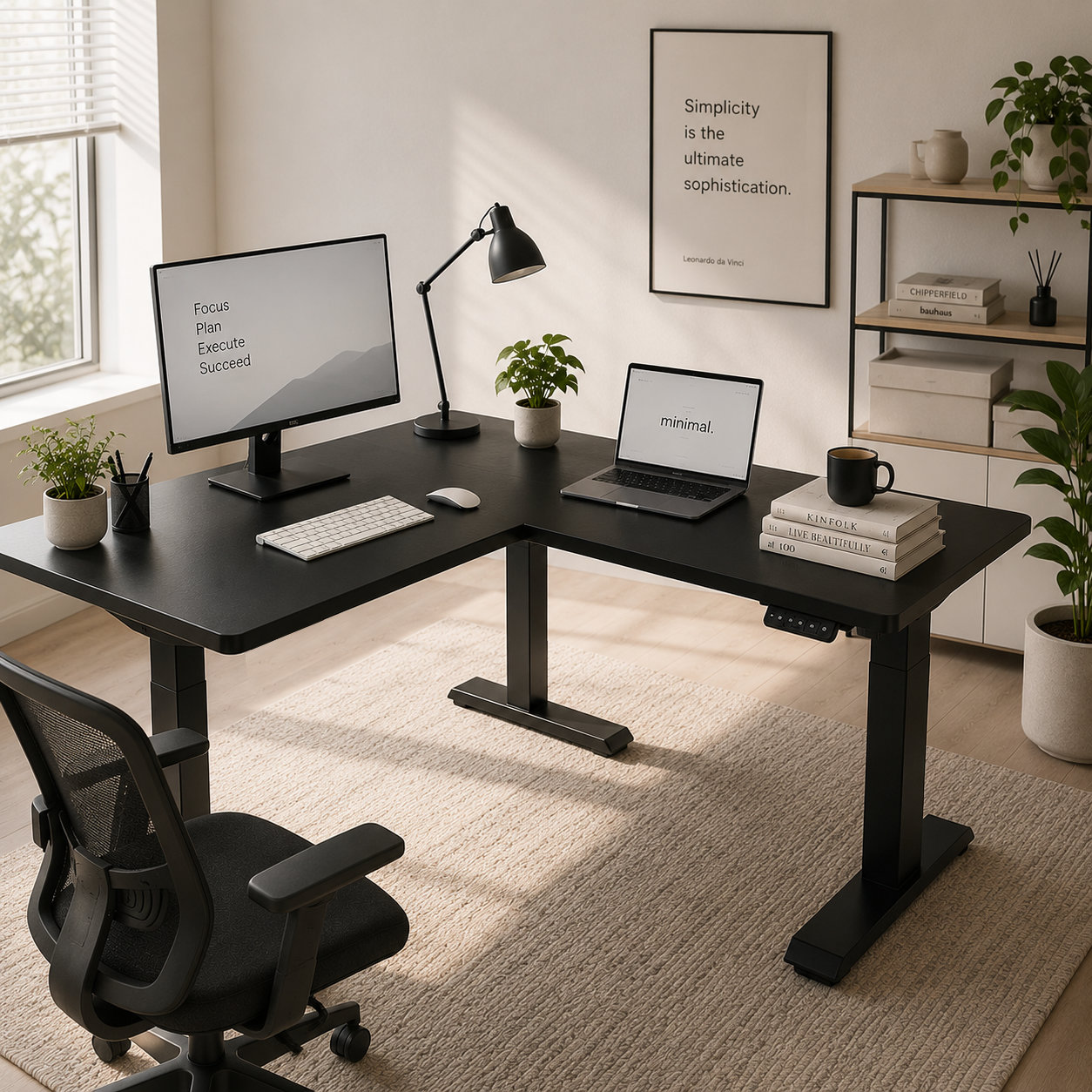 L-shaped Motorized Corner Office Desk with Custom Desktop Matching for Contract Furniture Dealers