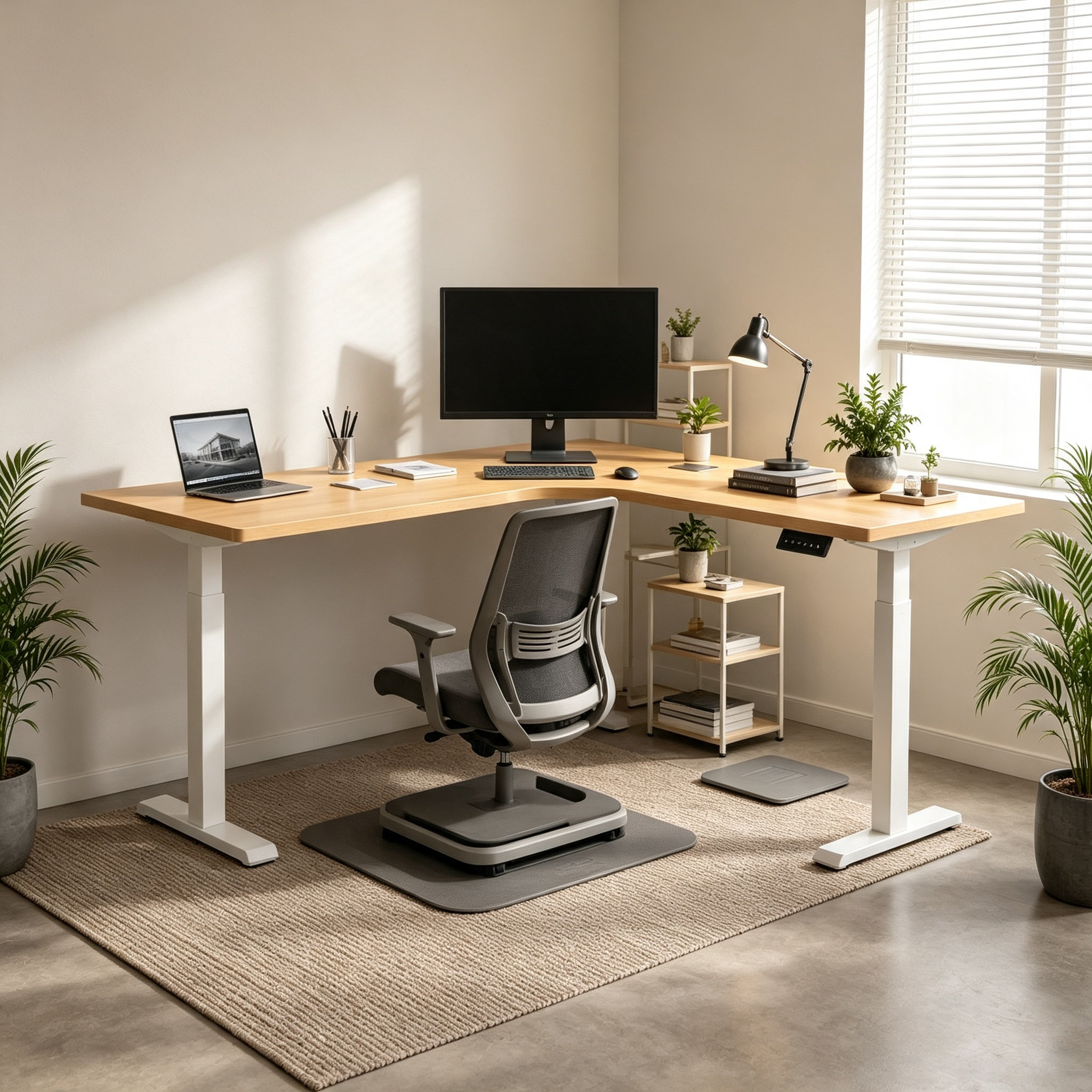 L-shaped Adjustable Standing Computer Workstation with Organized Dual-Zone Layout for Technical Teams