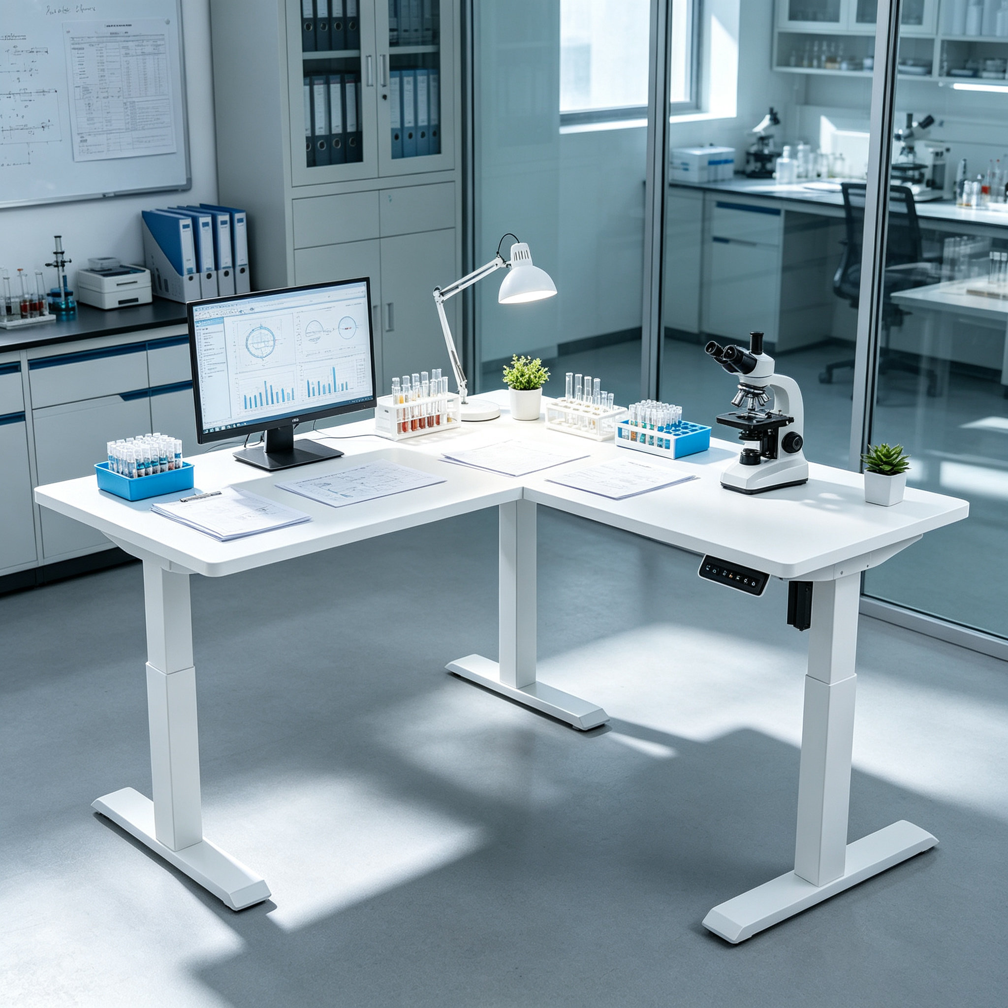L Shaped Single Motor Electric Corner Workbench Base with 735-1185 mm Range for Engineering Departments