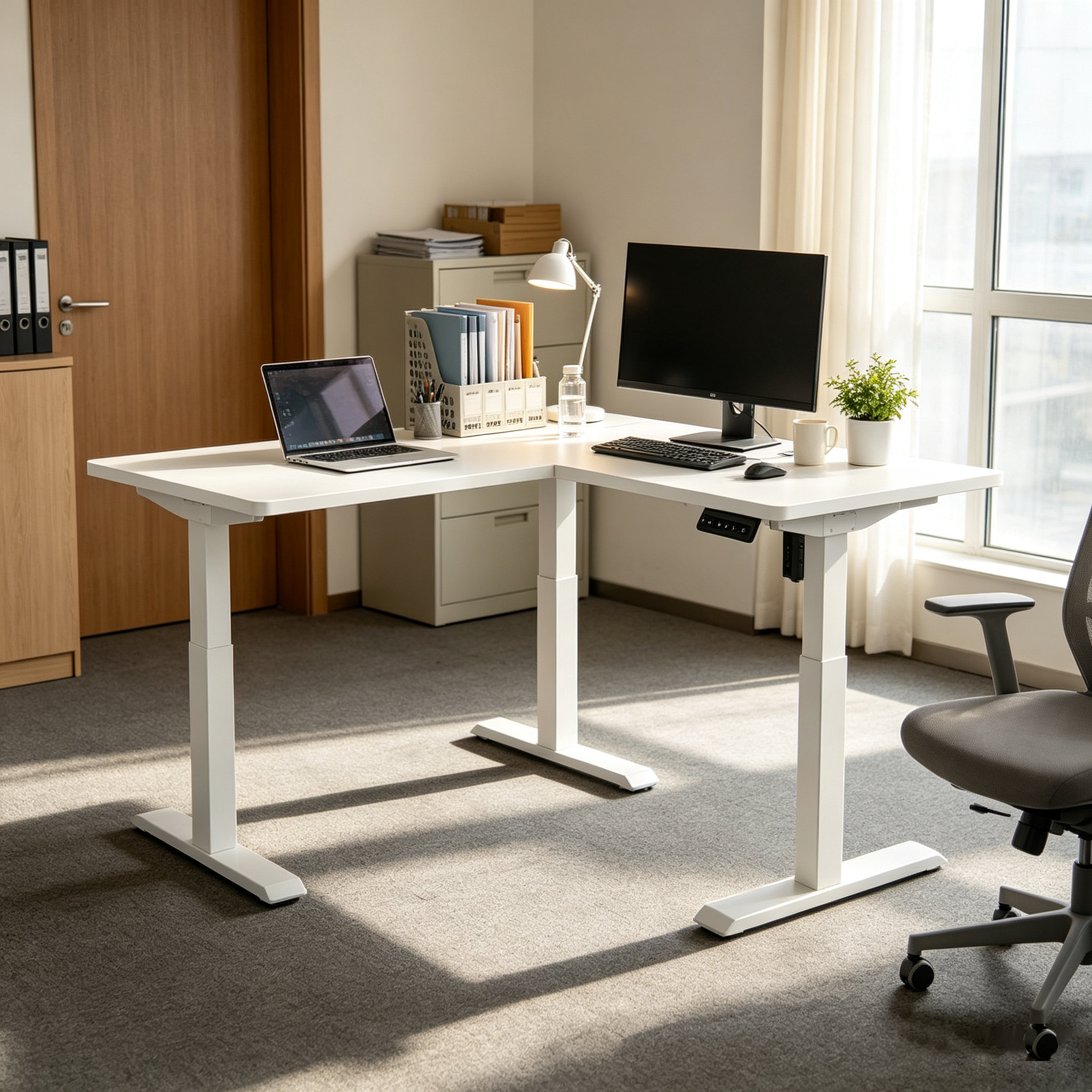 L ShapedStanding Desk Single Motor Lift System Wooden Corner Desk with Digital Controller for Commercial Workspaces