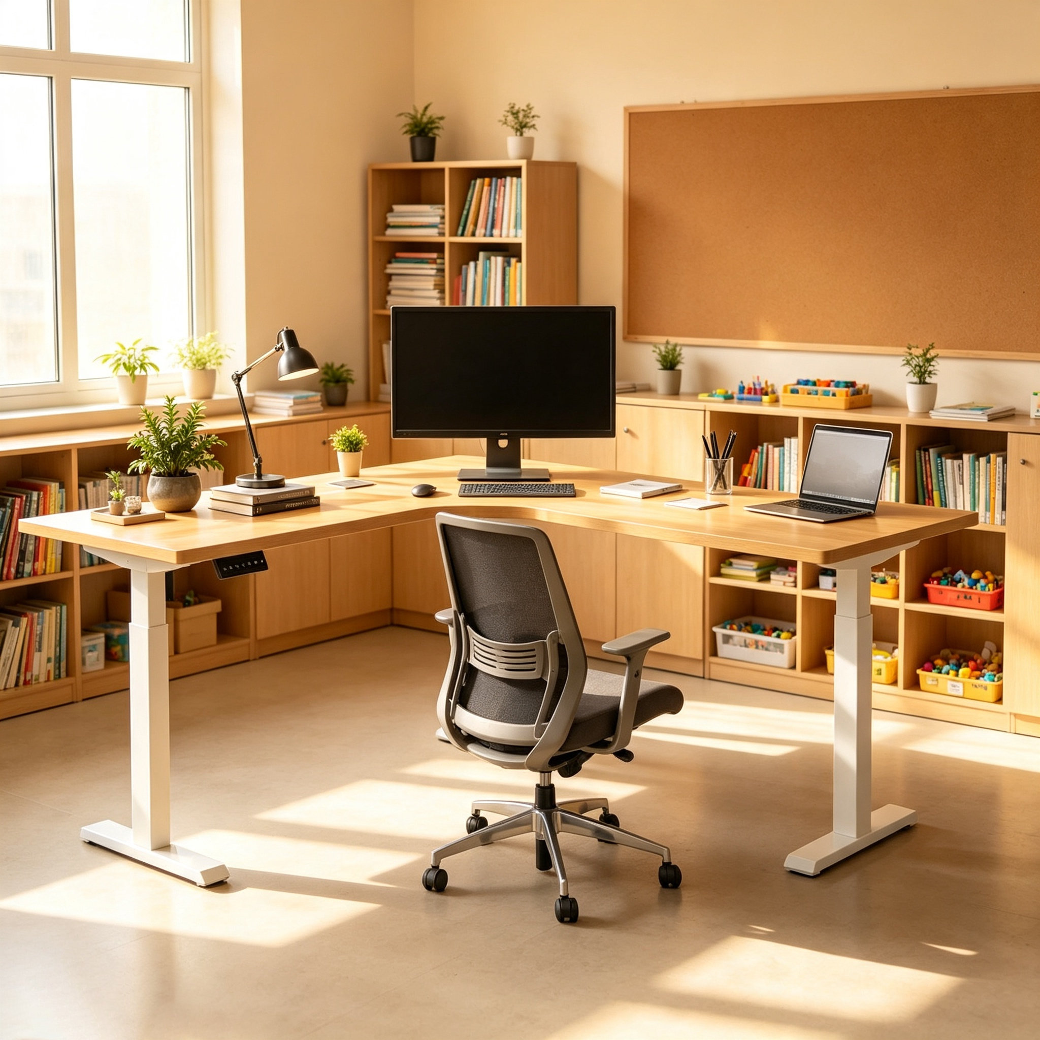 L-shaped Electric Standing Desk Base with Reinforced Corner Support for Shared Workspaces