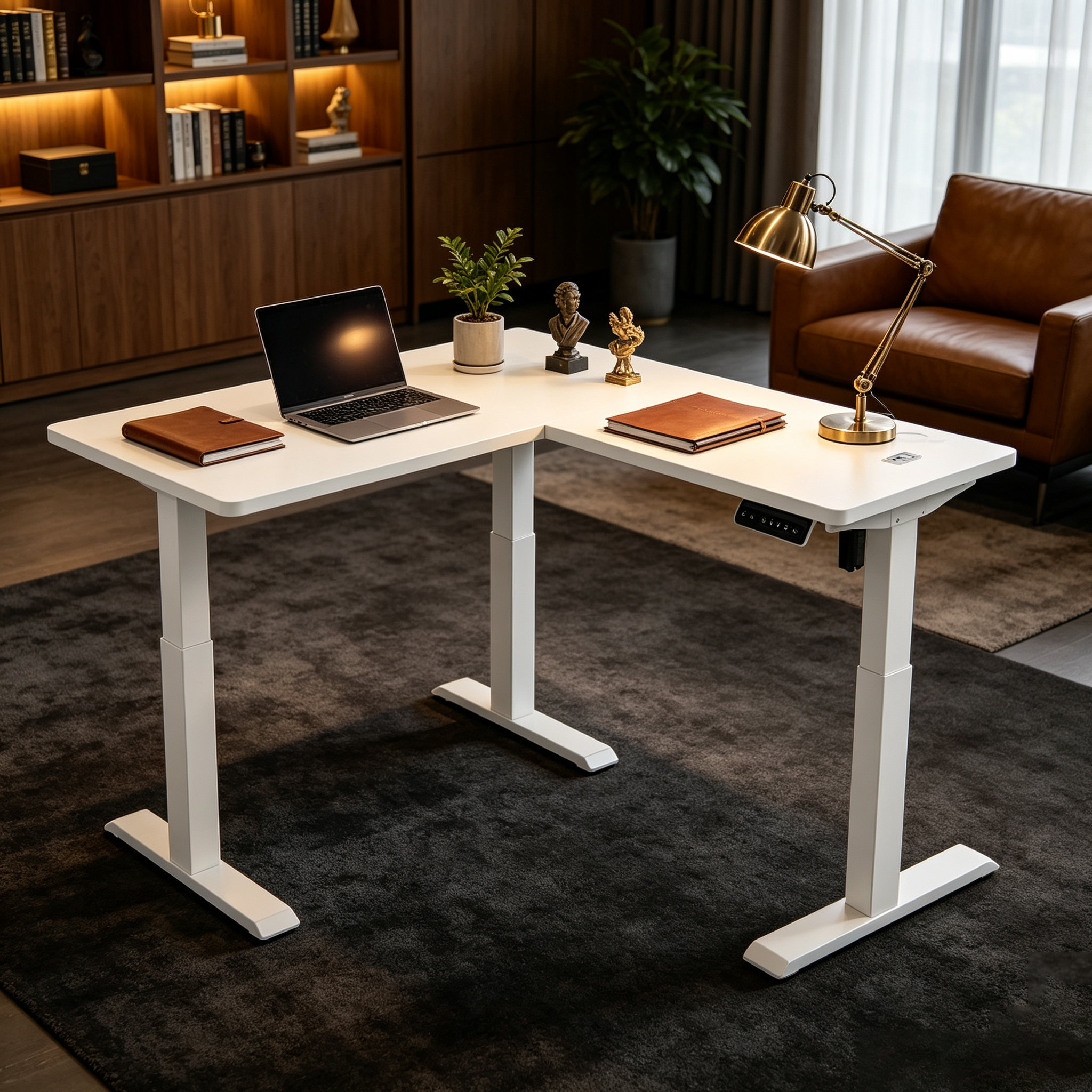 L Shaped Single Motor 3-Leg Electric Desk Chassis with Broad Corner Surface for Architectural Studios