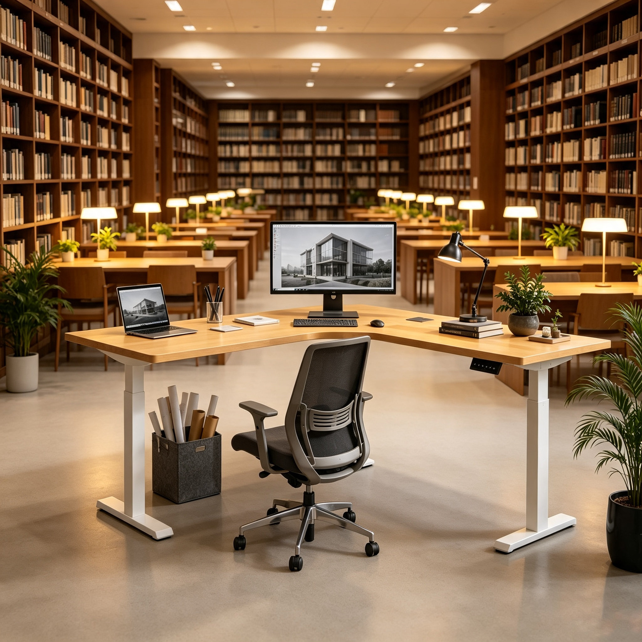 L-shaped Corner Height Adjustable Worktable with Three-Leg Stability for Engineering Offices