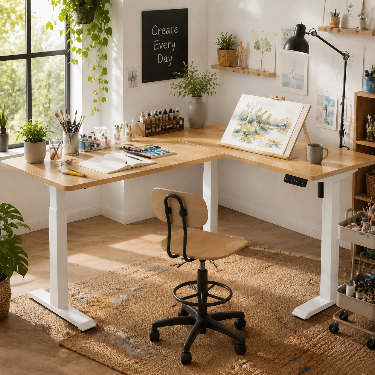 L Shaped Single Drive Two-Section Height Adjustable Desk Legs with Stable Three-Column Support for Corporate Renovations