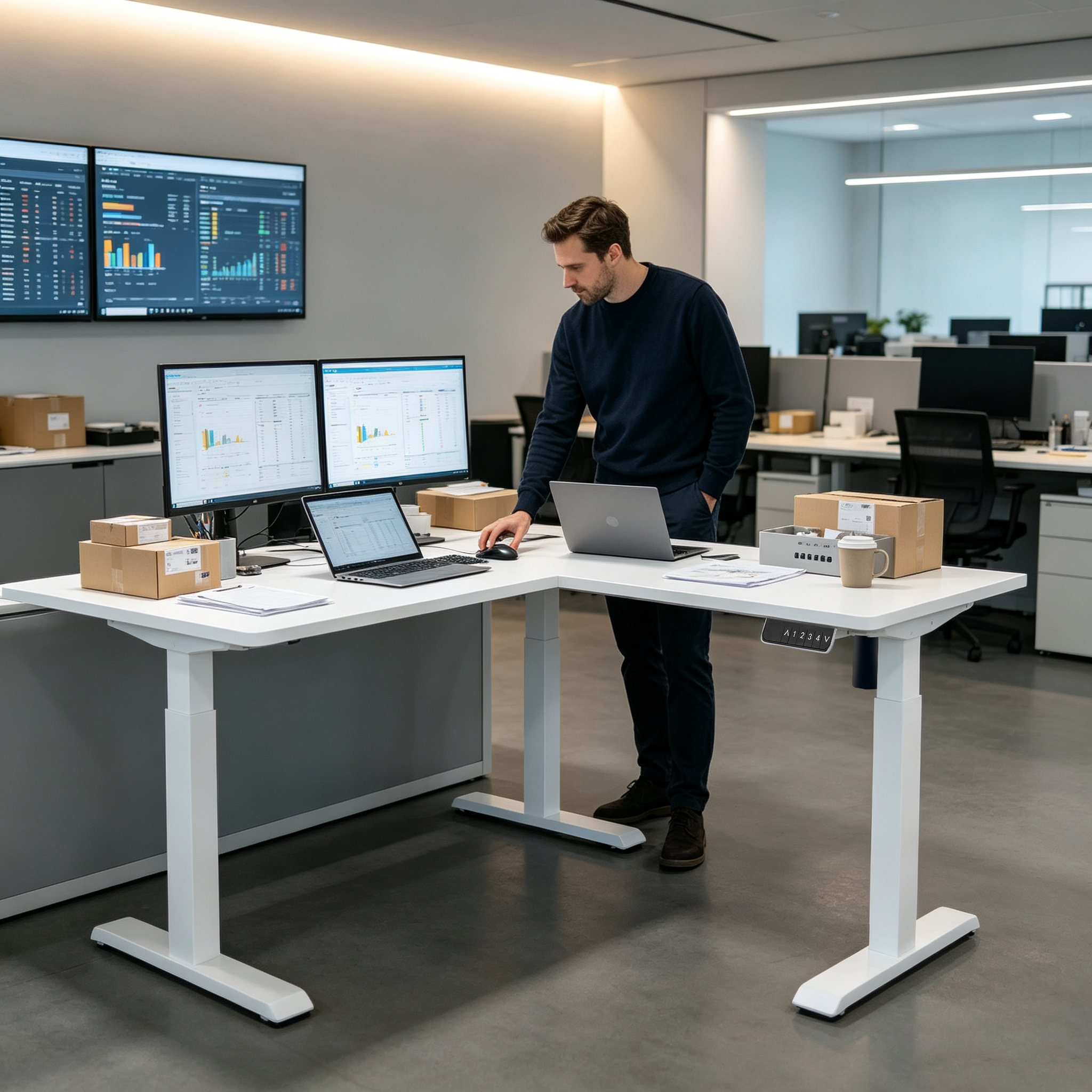 L Shaped One-Motor Two-Tier Sit-Stand Workstation Base with Adjustable Dual Span for Dealer Showrooms