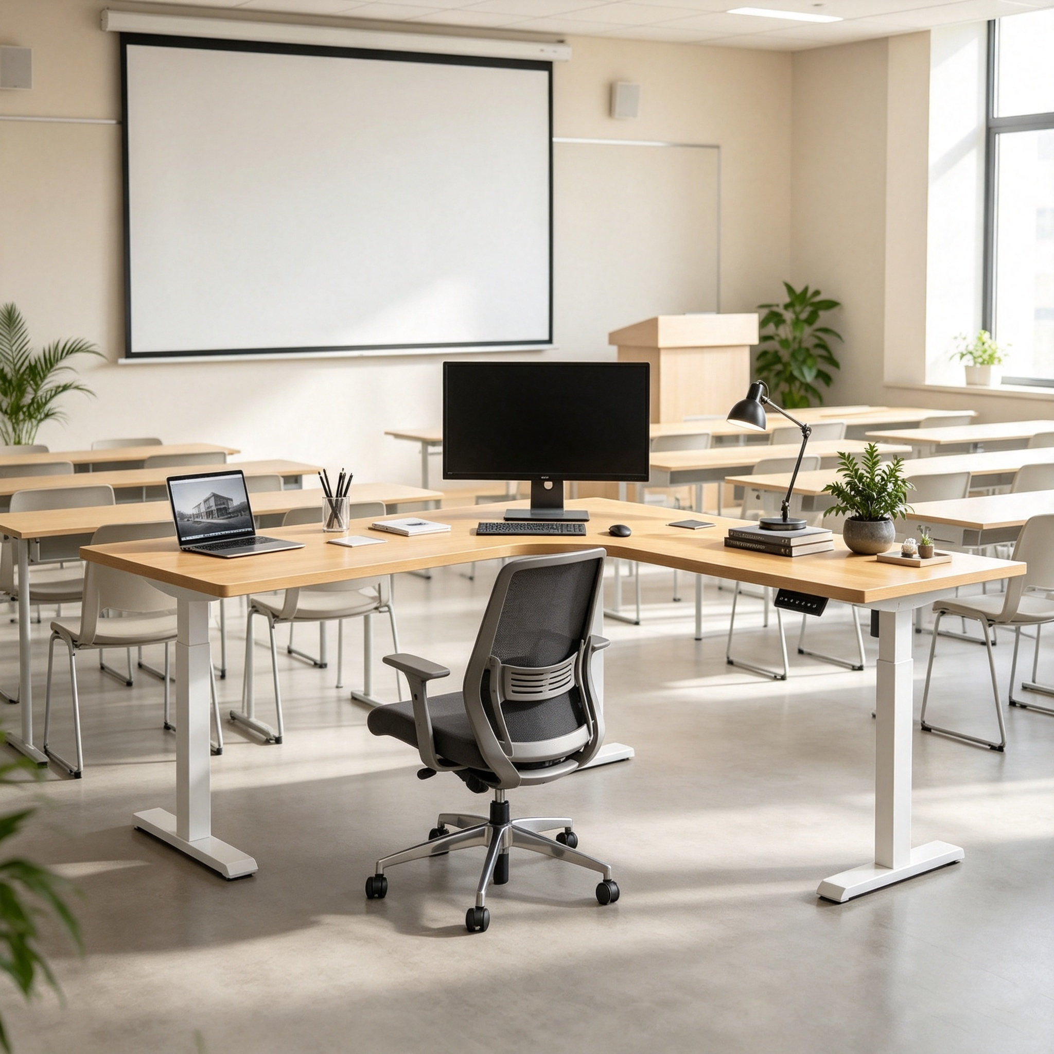 L-shaped Motorized Sit-Stand Desk Frame with Efficient SKU Coverage for Office Retail Chains